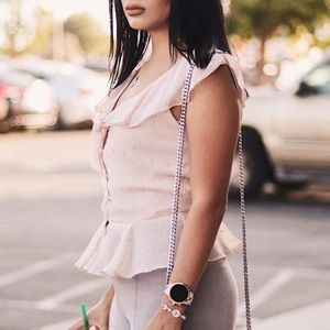Blush pink button up top with frills